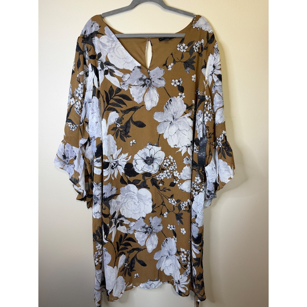 Sara Michelle Mustard Floral Bell Sleeve V-Neck Shift Dress Plus Size 3X NWT